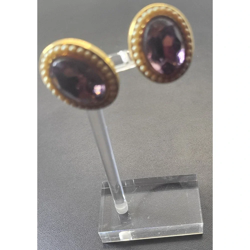 Vintage Richelieu Earrings Clip On Purple Gold Tone Beaded Oval Statement